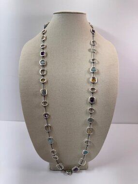 Modern Silver Tone Geometric Gemstone Necklace Blue Gray Cord 38” Long